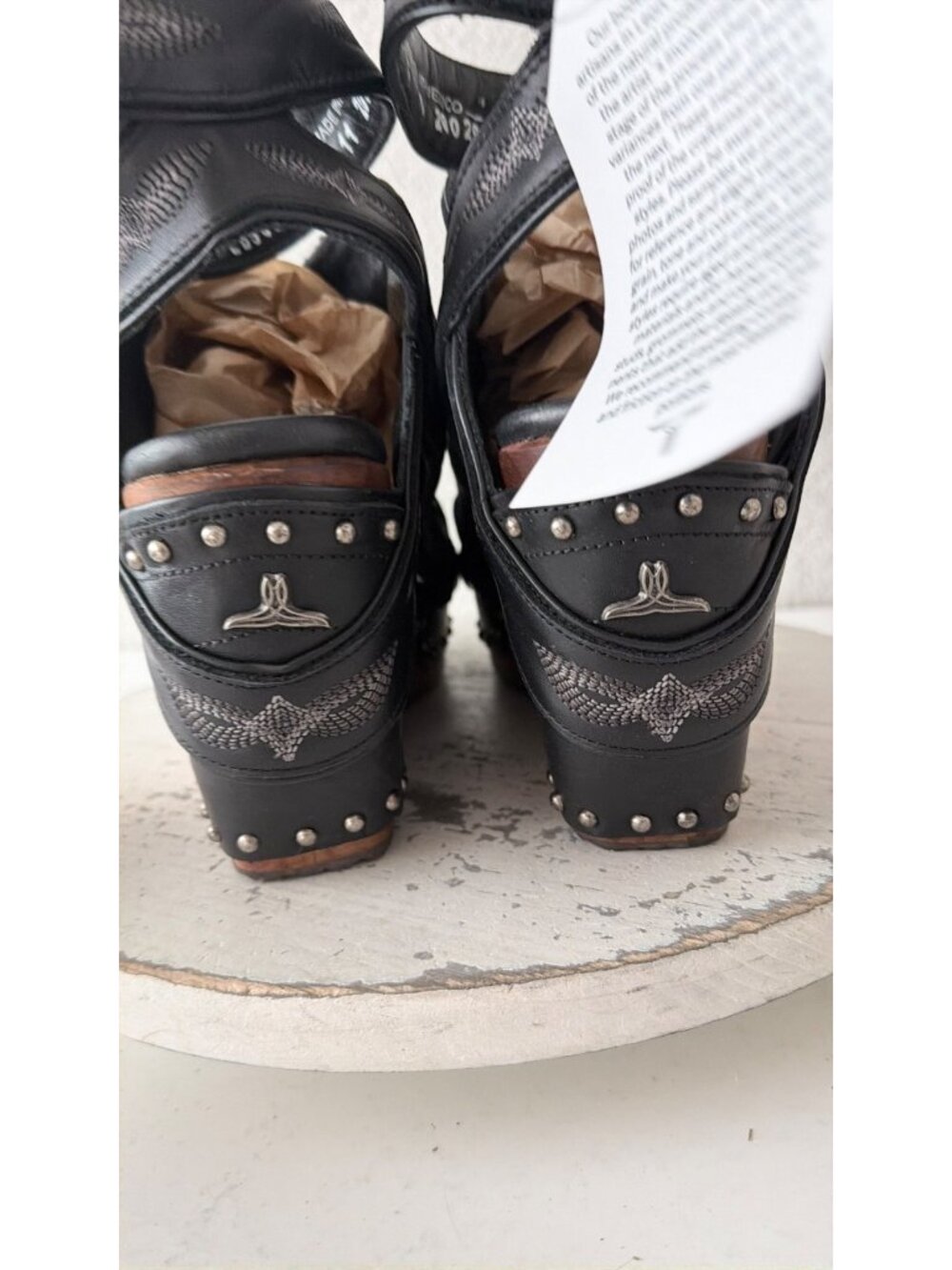 Lane Boots Lexington Jet Black Leather Western Wedge Sandals Wood Heel Womens 11 - Picture 3 of 12